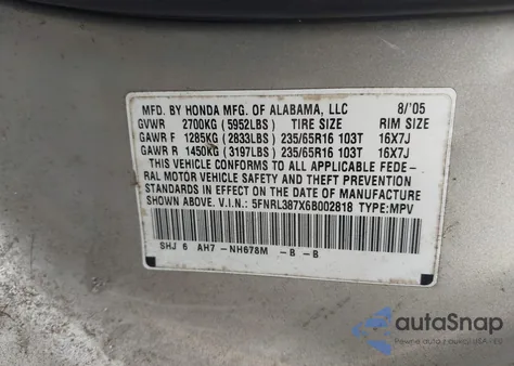 2006 Honda Odyssey Ex-L from USA, damaged, VIN 5FNRL387X6B002818